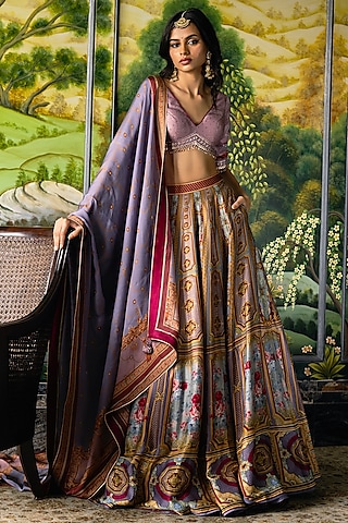 Multi-Colored Dupion Silk Floral Motif Printed Lehenga Set by Falguni Shane Peacock