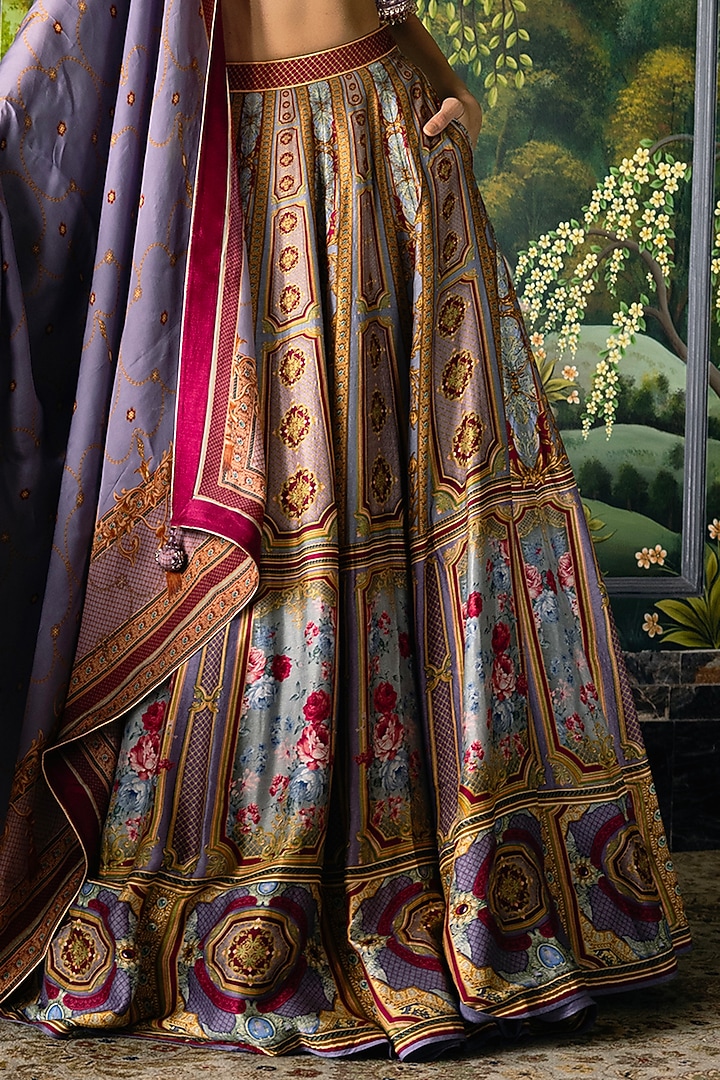 Multi-Colored Dupion Silk Floral Motif Printed Bridal Lehenga Set by Falguni Shane Peacock at Pernia's Pop Up Shop
