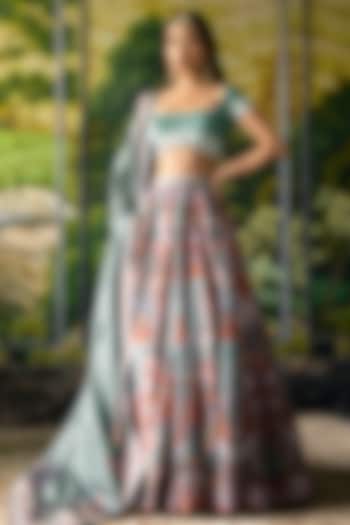 Multi-Colored Dupion Silk Floral Motif Printed Bridal Lehenga Set by Falguni Shane Peacock at Pernia's Pop Up Shop