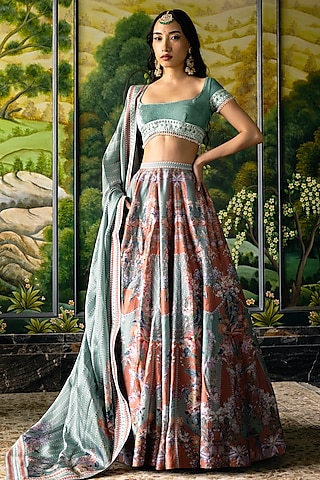 Multi-Colored Dupion Silk Floral Motif Printed Lehenga Set by Falguni Shane Peacock