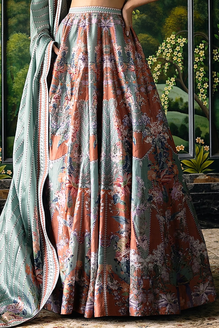Multi-Colored Dupion Silk Floral Motif Printed Bridal Lehenga Set by Falguni Shane Peacock at Pernia's Pop Up Shop