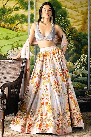 Multi-Colored Dupion Silk Floral Motif Printed Lehenga Set by Falguni Shane Peacock