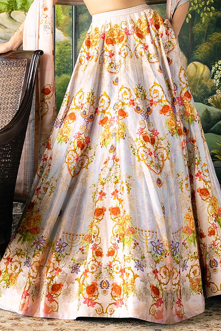 Multi-Colored Dupion Silk Floral Motif Printed Bridal Lehenga Set by Falguni Shane Peacock at Pernia's Pop Up Shop