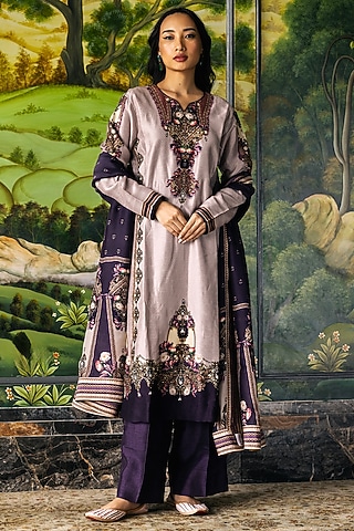 Lilac Dupion Silk Baroque Printed Kurta Set by Falguni Shane Peacock