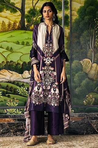 Plum Dupion Silk Baroque & Floral Motif Printed Kurta Set by Falguni Shane Peacock
