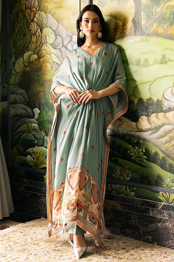 Sage Green Dupion Silk Baroque & Floral Motif Printed Kaftan Set by Falguni Shane Peacock at Pernia's Pop Up Shop