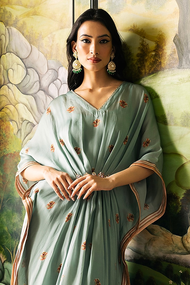 Sage Green Dupion Silk Baroque & Floral Motif Printed Kaftan Set by Falguni Shane Peacock at Pernia's Pop Up Shop