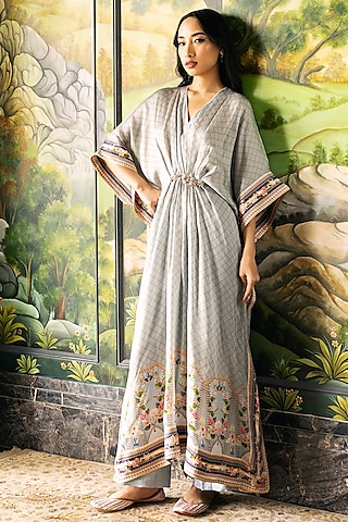 Mineral Grey Dupion Silk Floral Motif Printed Kaftan Set by Falguni Shane Peacock