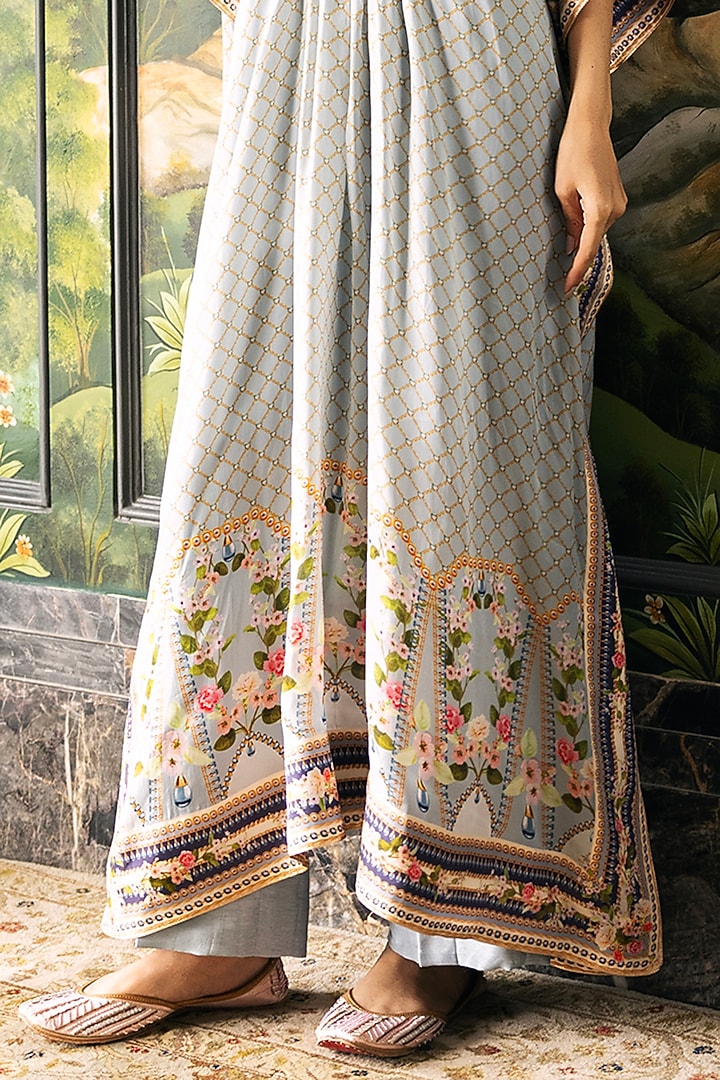 Mineral Grey Dupion Silk Floral Motif Printed Kaftan Set by Falguni Shane Peacock at Pernia's Pop Up Shop