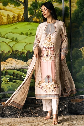 Ivory Dupion Silk Baroque & Floral Motif Printed Kurta Set by Falguni Shane Peacock