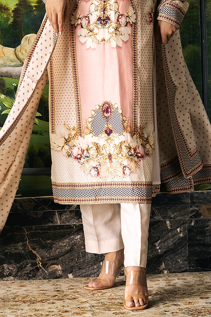 Ivory Dupion Silk Baroque & Floral Motif Printed Kurta Set by Falguni Shane Peacock at Pernia's Pop Up Shop