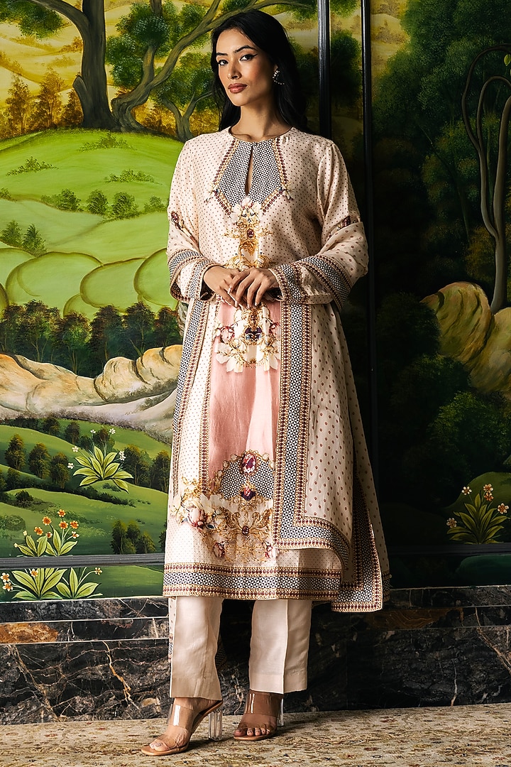 Ivory Dupion Silk Baroque & Floral Motif Printed Kurta Set by Falguni Shane Peacock at Pernia's Pop Up Shop