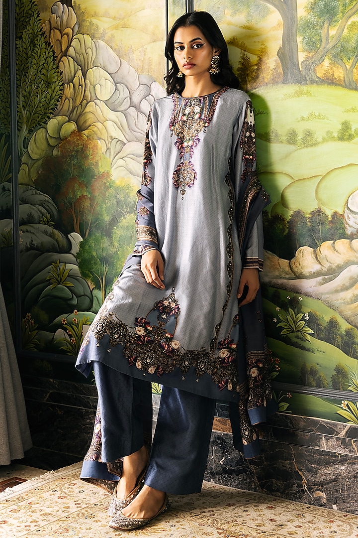 Cool Grey Dupion Silk Baroque & Floral Motif Printed Kurta Set by Falguni Shane Peacock at Pernia's Pop Up Shop