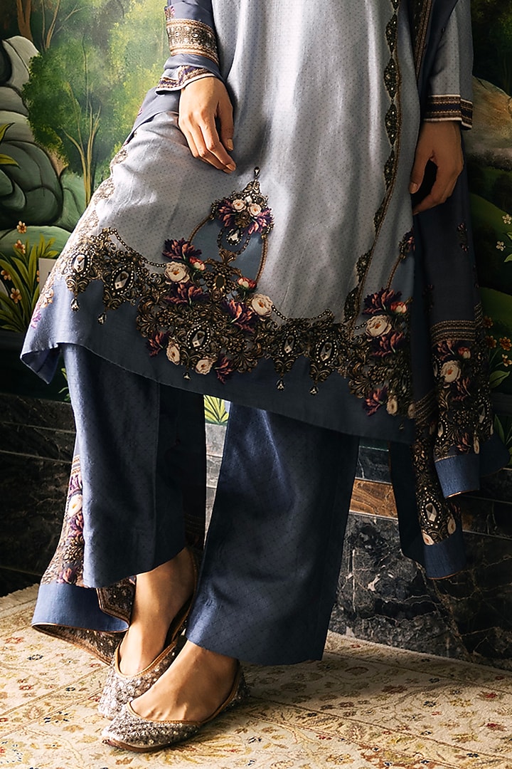 Cool Grey Dupion Silk Baroque & Floral Motif Printed Kurta Set by Falguni Shane Peacock at Pernia's Pop Up Shop
