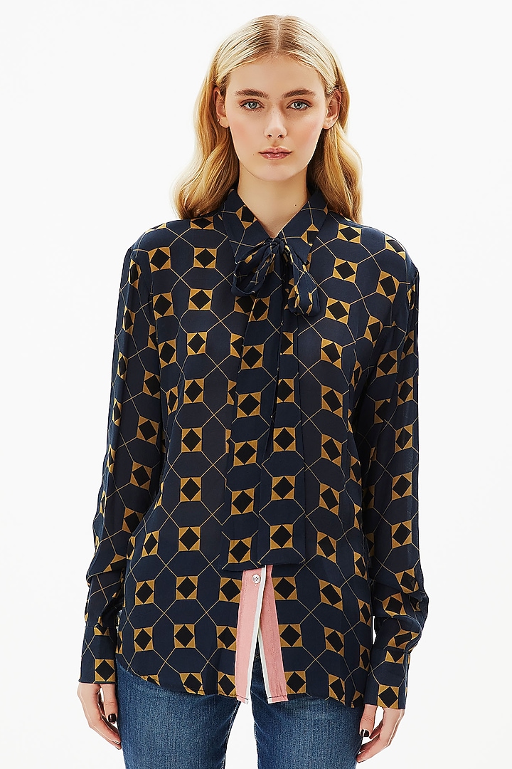 French Navy Blue Crepe Shirt by Falguni Shane Peacock at Pernia's Pop Up Shop