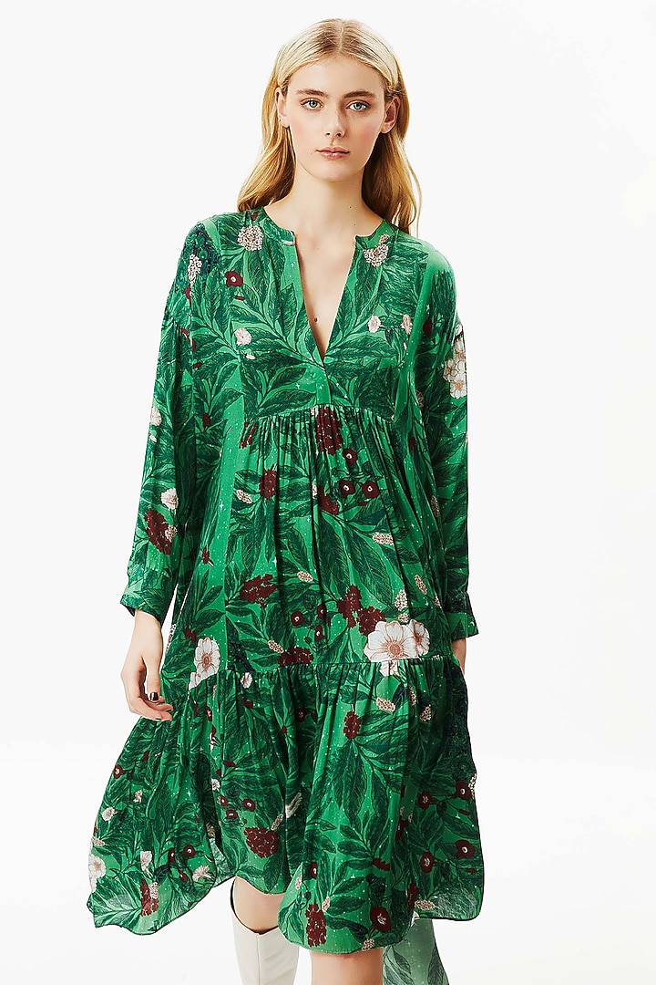 Green Modal Satin Vacation Dress by Falguni Shane Peacock at Pernia's Pop Up Shop