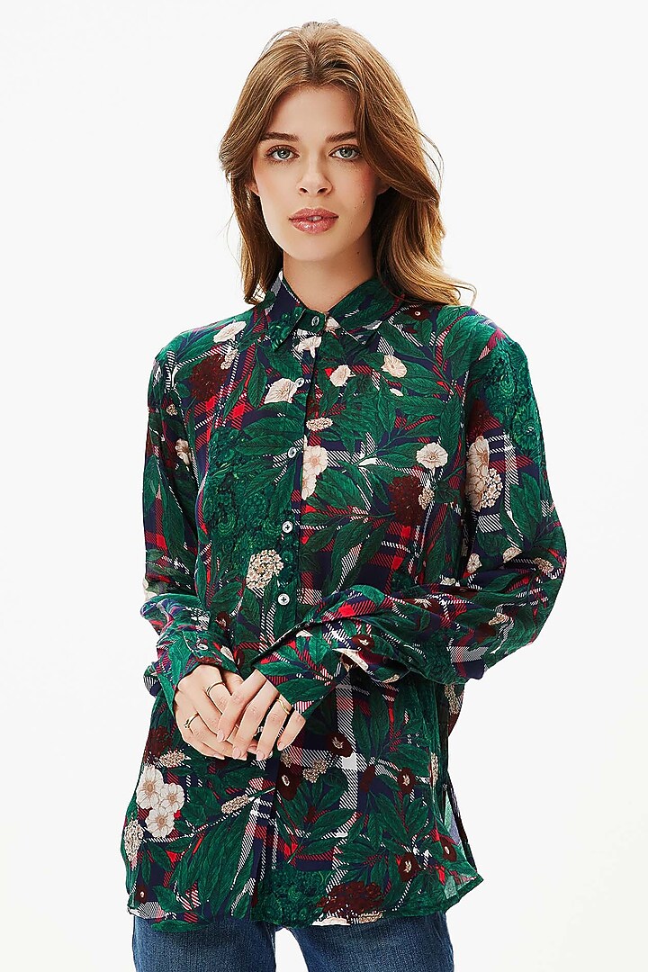 Green Gingham Floral Shirt by Falguni Shane Peacock at Pernia's Pop Up Shop