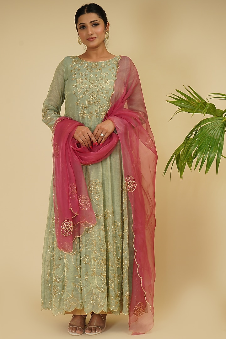 Mint Green Handloom Embroidered Wedding Anarkali Set by Farha Syed at Pernia's Pop Up Shop