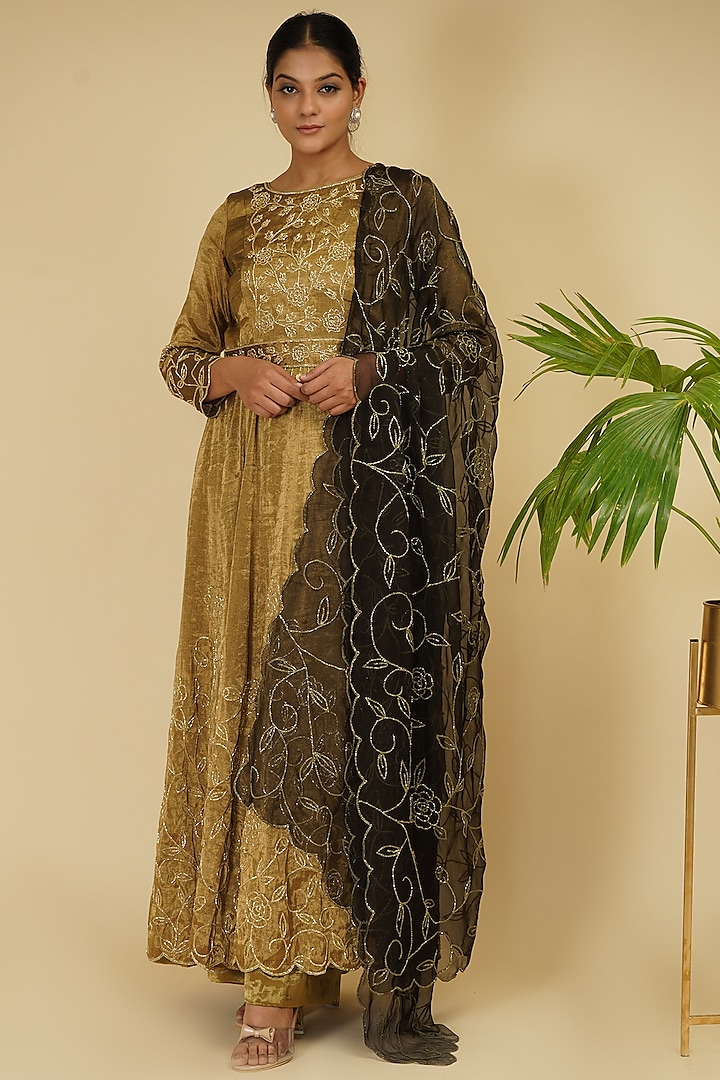 Gold Handloom Embroidered Anarkali Set by Farha Syed