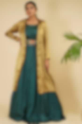 Bottle Green Crushed Silk Gown With Jacket by Farha Syed at Pernia's Pop Up Shop
