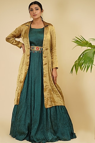 Bottle Green Crushed Silk Gown With Jacket by Farha Syed