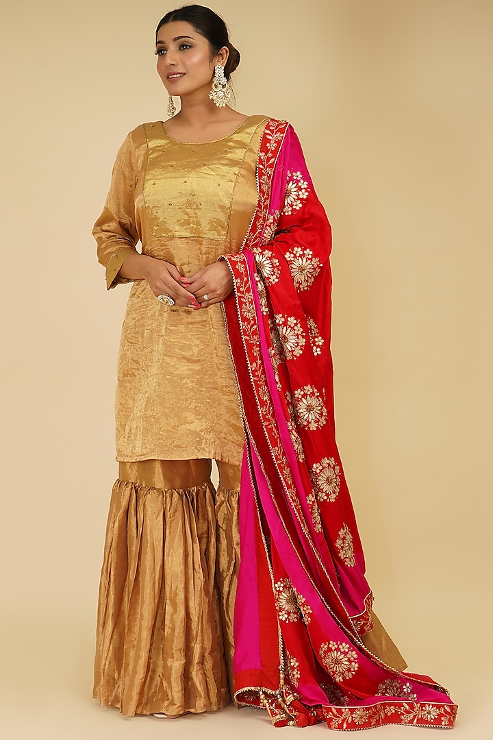 Gold Handloom Chanderi Tissue Sharara Set by Farha Syed