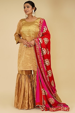 Gold Handloom Chanderi Tissue Sharara Set by Farha Syed