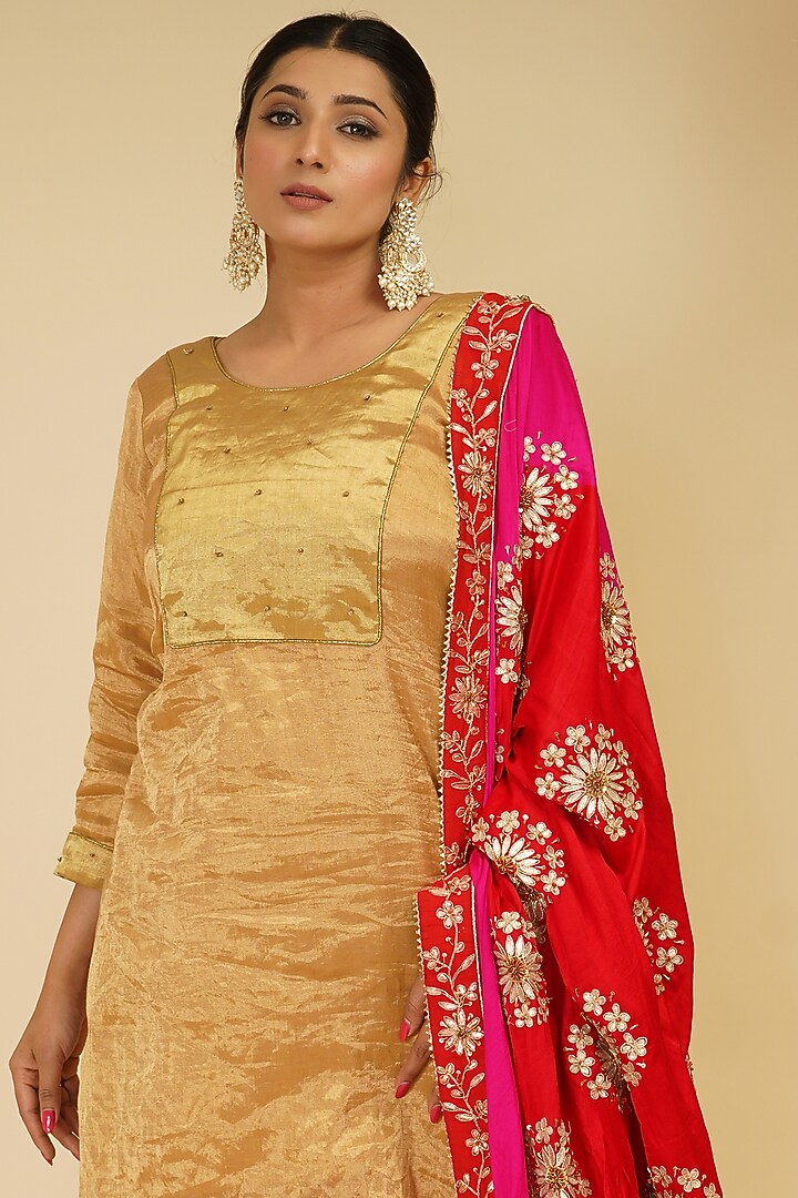 Gold Handloom Chanderi Tissue Wedding Sharara Set by Farha Syed at Pernia's Pop Up Shop