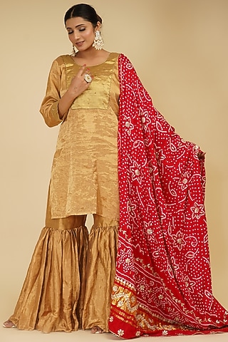Gold Handloom Chanderi Tissue Sharara Set by Farha Syed