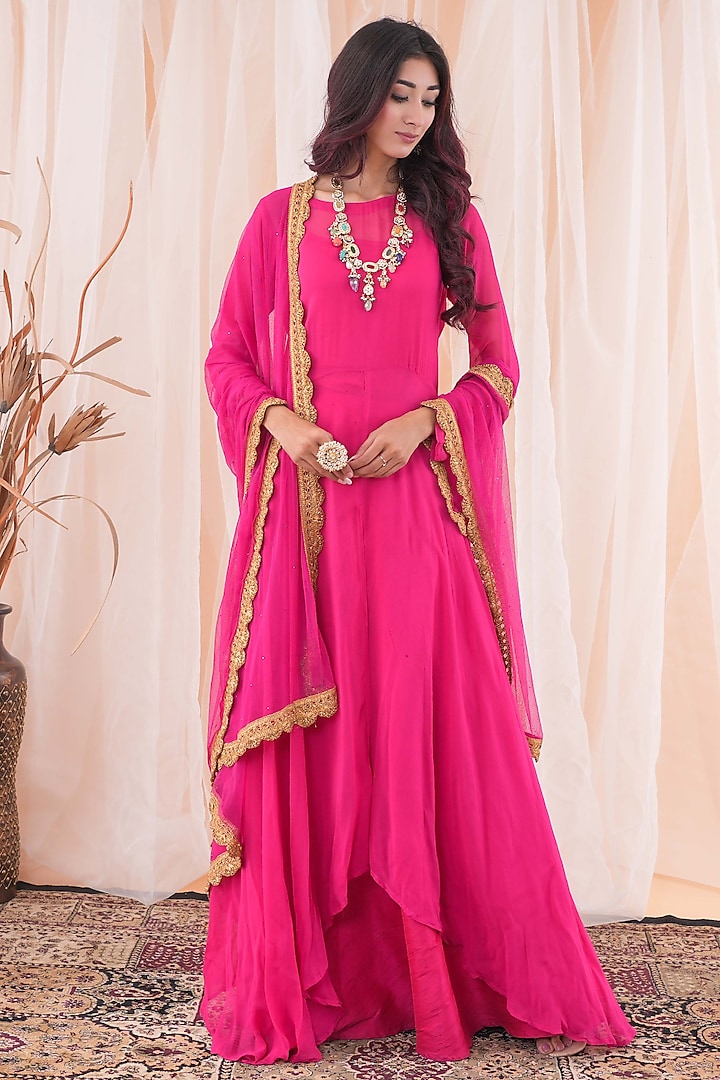 Hot Pink Georgette Anarkali Set by Farha Syed