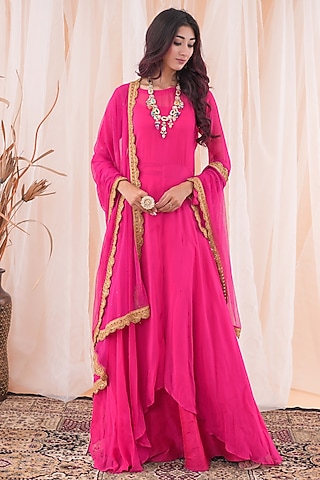 Hot Pink Georgette Anarkali Set by Farha Syed