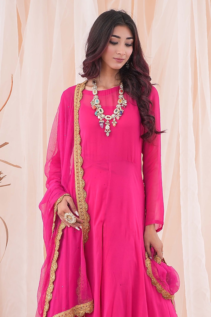 Hot Pink Georgette Party Wear Anarkali Set by Farha Syed at Pernia's Pop Up Shop