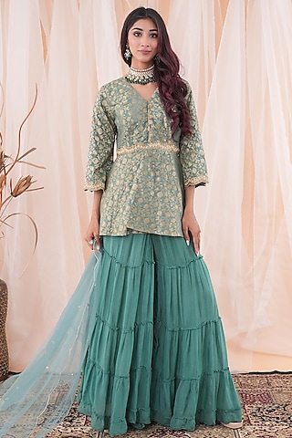 Jade Green Chinon Chiffon Sharara Set by Farha Syed
