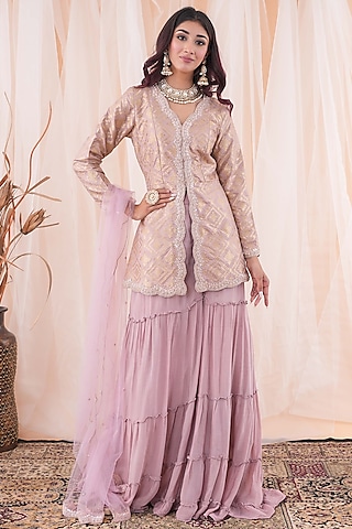 Lilac Purple Chinon Chiffon Sharara Set by Farha Syed