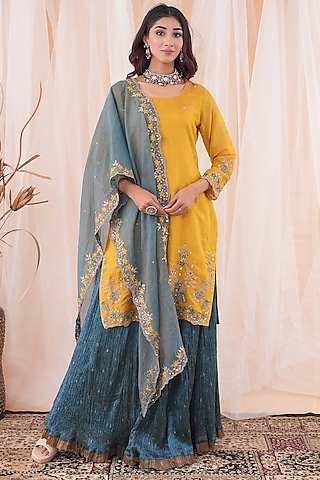 Sunny Yellow Banarasi Brocade Sequins Hand Embroidered Kurta Set by Farha Syed