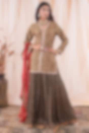 Dark Olive Green Banarasi Brocade Sequins Hand Embroidered Kurta Set by Farha Syed at Pernia's Pop Up Shop