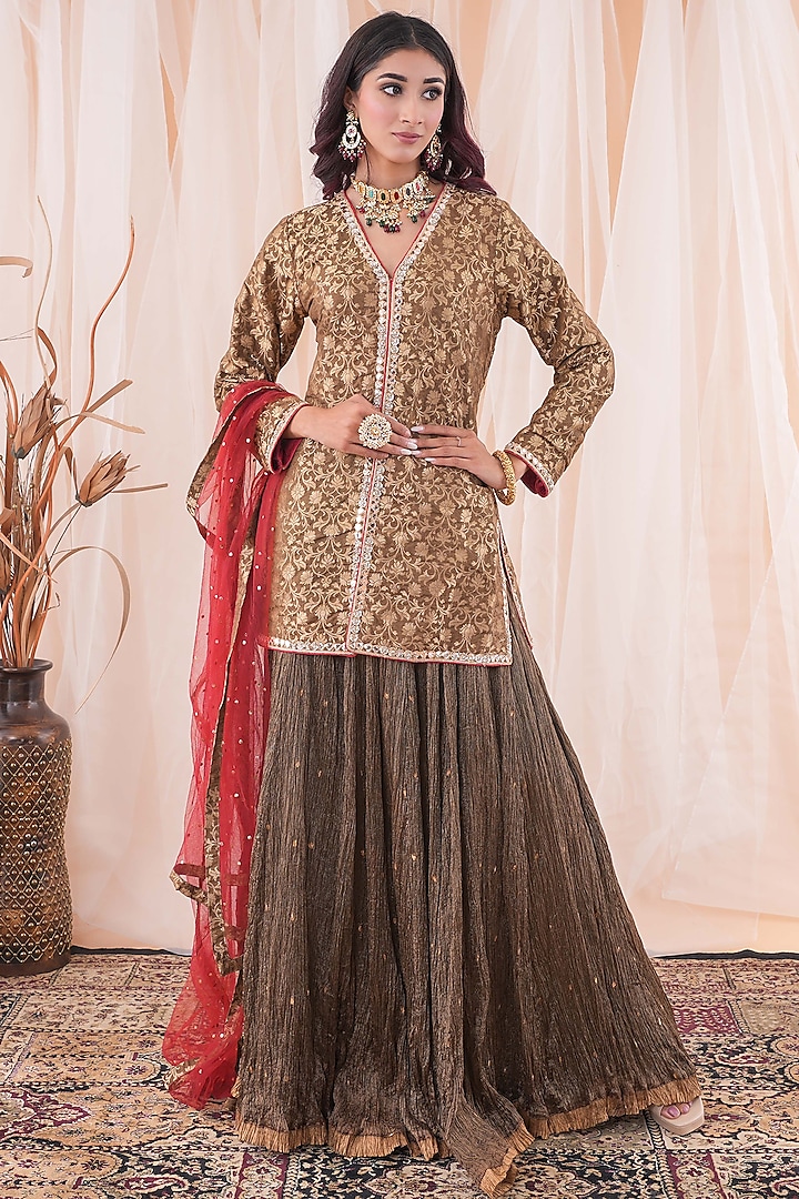 Dark Olive Green Banarasi Brocade Sequins Hand Embroidered Kurta Set by Farha Syed at Pernia's Pop Up Shop