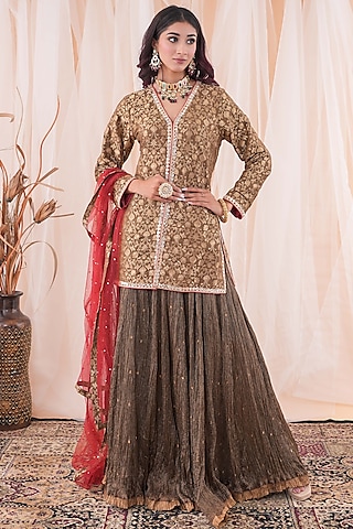 Dark Olive Green Banarasi Brocade Sequins Hand Embroidered Kurta Set by Farha Syed