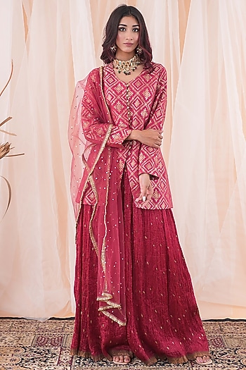 Red Crushed Silk Party Wear Sharara Set by Farha Syed at Pernia's Pop Up Shop