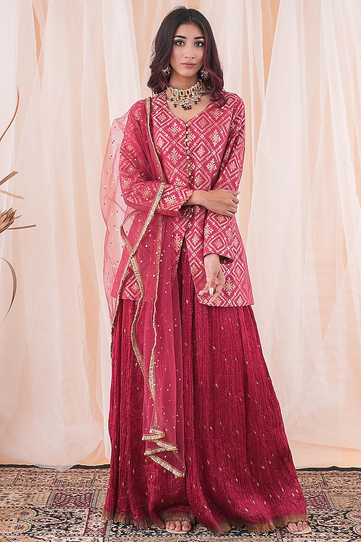 Red Crushed Silk Sharara Set by Farha Syed