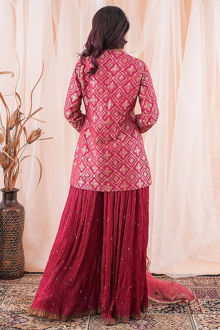 Red Crushed Silk Party Wear Sharara Set by Farha Syed at Pernia's Pop Up Shop