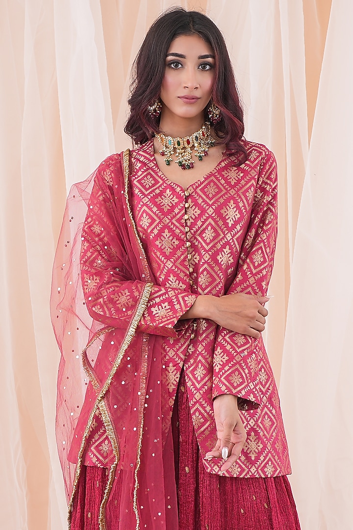 Red Crushed Silk Party Wear Sharara Set by Farha Syed at Pernia's Pop Up Shop
