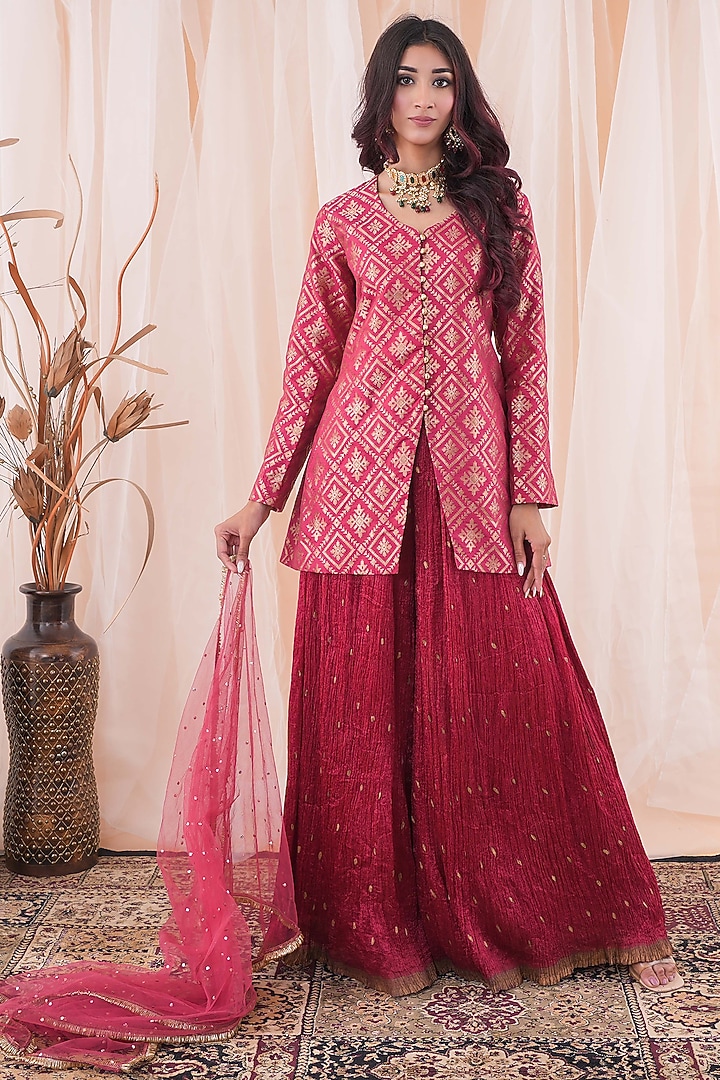 Red Crushed Silk Party Wear Sharara Set by Farha Syed at Pernia's Pop Up Shop