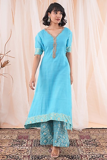 Blue Silk Cutdana Embroidered Kurta Set by Farha Syed at Pernia's Pop Up Shop
