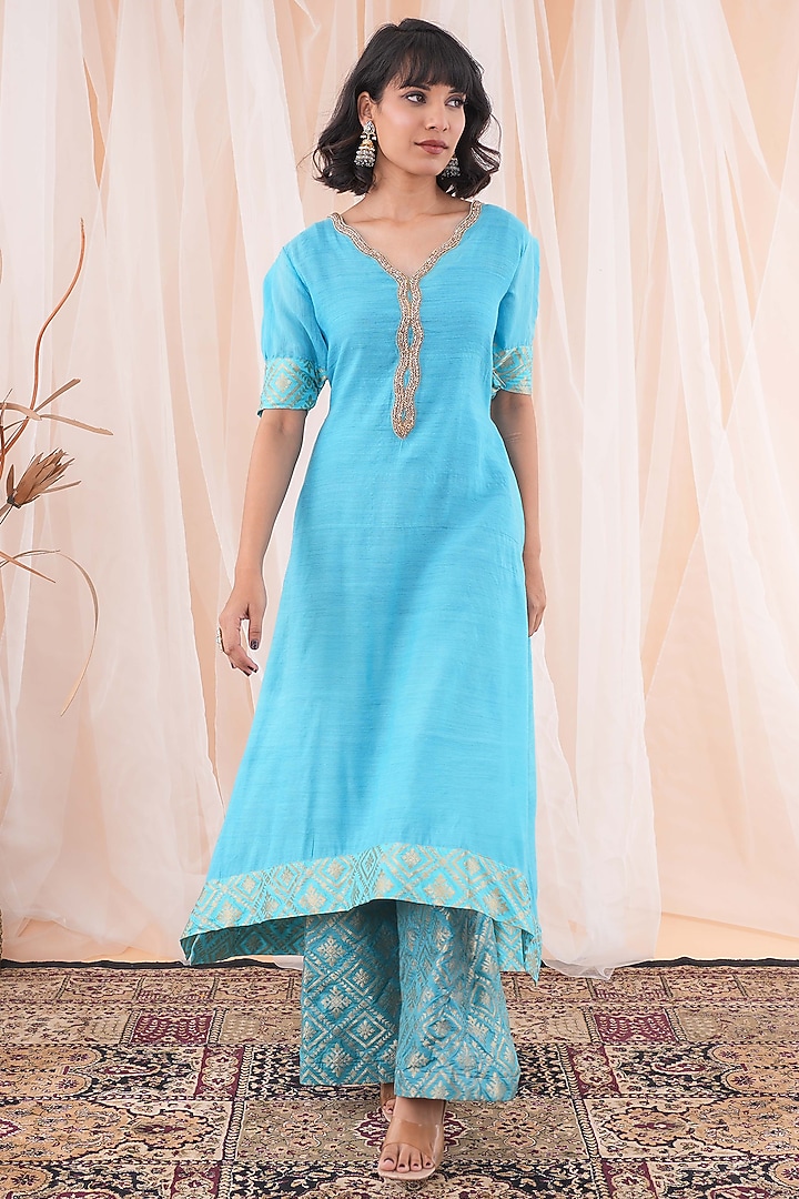 Blue Silk Cutdana Embroidered Kurta Set by Farha Syed at Pernia's Pop Up Shop