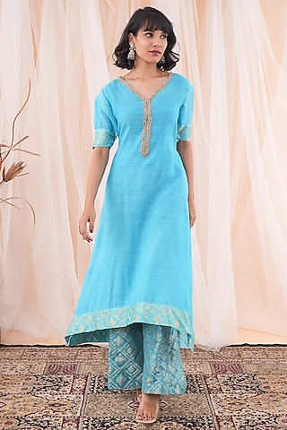 Blue Silk Cutdana Embroidered Kurta Set by Farha Syed