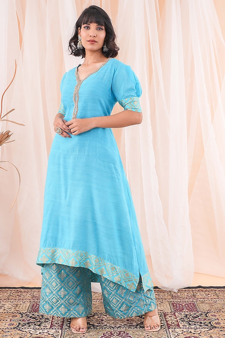 Blue Silk Cutdana Embroidered Kurta Set by Farha Syed at Pernia's Pop Up Shop