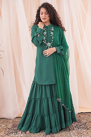 Castleton Green Double Georgette Sharara Set by Farha Syed