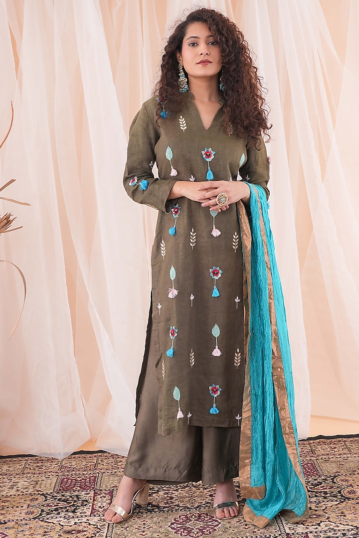 Brown Cotton Linen Gota-Patti Embroidered Kurta Set by Farha Syed