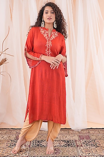 Rust Red Organic Cotton Linen Resham Embroidered Kurta Set by Farha Syed at Pernia's Pop Up Shop